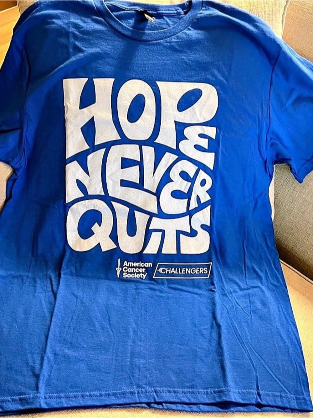 Gildan American Cancer Society Hope Never Quits T-Shirt Blue Large
